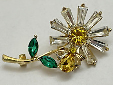 Yellow Bee Flower Daisy Rose Crystal Glass Clear Rhinestone Brooch Pin Vintage picture