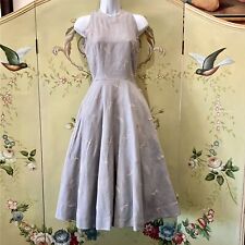 Vintage 1950s Gray & Pink Linen Full Skirt Fit & Flare Dress 32 Bust XS Pockets picture