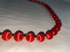 Vintage Red Satin Bead Necklace with Gold Tone Spacer Beads  picture