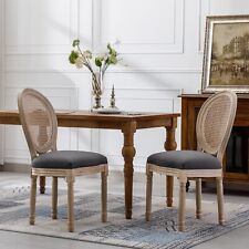 French Style Solid Wood Antique Linen & Rattan Dining Chair, Set of 2, Gray picture
