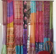 2Pc Indian Old Recycle Silk Saree Boho Multi Curtain Door Drape Decor Curtain picture