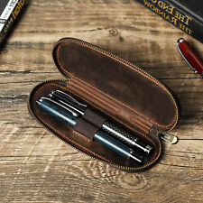 Luxury Retro Leather 2 Slots Fountain Pen Case Zipper Pencil Storage Box Pouch picture
