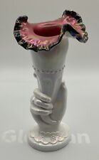 Fenton Black Rose Crest Iridescent Milk Glass 11” Hand Trumpet Cornucopia Vase picture
