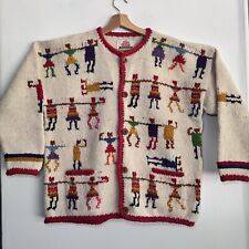Vintage Amano Chunky Handknit Bolivia Wool Cardigan People Holding Hands Size L picture