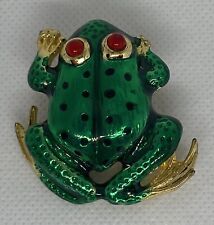 Vintage Frog Brooch Green Enamel Gold Tone 1980s Figural Pin Red Cabochon Eyes picture