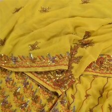 Sanskriti Vintage Green Sarees 100% Pure Georgette Silk Hand Beaded Sari Fabric picture
