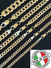 REAL Solid 925 Silver 14k Gold Plated Flat Cuban Link Chain Necklace 3mm - 11mm picture