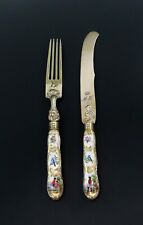 Antique German Silver Fork and Knife w/ Hand-Painted Porcelain Handles  picture