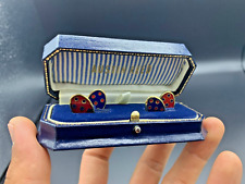 Vintage Oval Gold Plate Blue and Red Enamel Spot Chain Cufflinks in Box picture