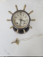 VINTAGE BRONZE CHELSEA SHIPS BELL YACHT WHEEL MANTLE CLOCK RUNNING WITH KEY picture