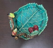 Vintage Majolica Style Pottery Tray W/Birds, Berries & Branches In Cabbage Leaf picture