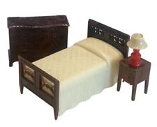 Renwal 1950 Dollhouse Furniture 4 Pc Brown Bedroom Bed Dresser, Night Stand Lamp picture