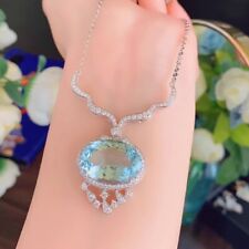 New Big Oval Light Blue Topaz Gemstone Charm Silver Women Girl Necklace Pendant picture