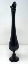 Vintage MCM Fenton Ebony Black Glass Swung Single Bud Vase Thumbprint 13