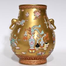 chinese Qianlong gold relief famille rose pattern elephant trunk porcelain vase picture