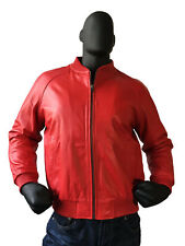 Men's Genuine Lambskin Leather Red Bomber Jacket Baseball Varsity Style Jacket picture