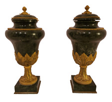 SUPERB PAIR ANTIQUE 19C FRENCH GOLD GILT BRONZE GREEN MARBLE  URNS ORMOLU picture