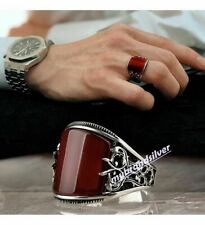 Solid 925 Sterling Silver Turkish Handmade Jewelry Red Agate Men's Ring All Size picture