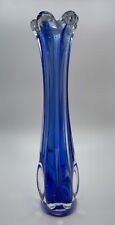 Vintage MCM Cobalt Blue and Clear Swirl 6 Finger Swung Vase 9 1/4” picture