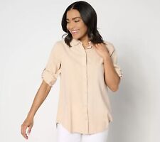Side Stitch Button-Down Roll-Tab Tunic Shirt Lotus Flower 2X New picture