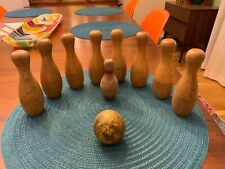 Vintage Wooden Tabletop Bowling Game Toy Lot:  9 Wooden Pins & Wooden Ball picture