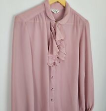 Vtg 80s Womens Secretary Blouse Delicate Ruffle Puff Sleeve Sheer Dusty Rose 14 picture