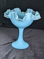 Vintage Fenton Blue Satin Persian Medallion Footed Compote Ruffled Edge Bowl  picture