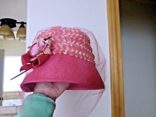 VTG Ladies 1950/1960s Pink Hat  Shiny Material Straw Floral Touch & Mesh Veil picture