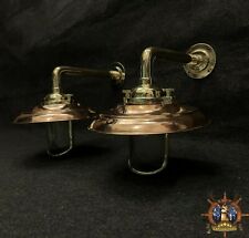 Pair of 2 Maritime Antique Brass Swan Neck Wall Sconce Light With Copper Shade picture