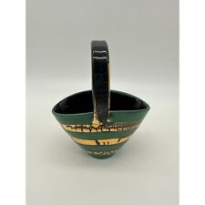 Vintage Italian Pottery Basket Decorative Green Black Gold Stripe Crackle Glaze picture