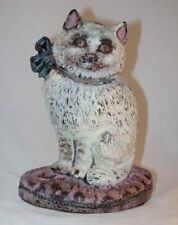 Vintage Cast Iron Doorstop Colorful Cat with Blue Bow Sitting Up on Pink Pillow picture