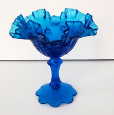 Vintage Fenton Colonial Blue Glass Footed Pedestal Bowl Ruffle Edge Rose Pattern picture