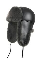 Aviator Trapper Ushanka Leather Shearling Sheepskin Fur Hat - Black picture