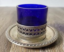 Antique 925 Sterling Silver Salt Cellar Saucer Set Cobalt Blue Glass Insert 52g picture