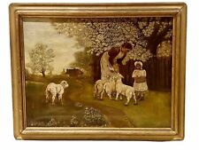 19TH C AMERICAN FOLK ART PAINTING PRIMITIVE OIL ON CANVAS SHEEP PASTURE SIGNED picture