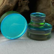 Green/Aqua Iridescent Double Sided Glass Plugs (PG-604) gauges PICK YOUR SIZE picture