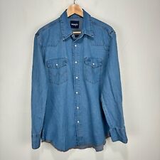 Vintage Wrangler Pearl Snap Denim Shirt Men Large Blue Western Cowboy Pockets picture