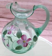 Vintage FENTON Hand Painted Vining Garden Sea Mist Green Pitcher Vase Signed  7