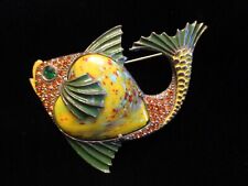 SIMPLY THE BEST 1930's Vintage ART GLASS Belly ENAMEL & Rhinestone FISH PIN picture