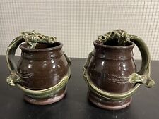 Vintage Handmade Glazed Clay Pottery Coffee Tea 2 Mugs Medieval Dragon Stoneware picture