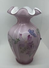 FENTON Pink  Art Glass Hand Painted Flowers Ruffled Glass Vase C. Smith picture