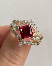 Lab Created 3.19 Ct Diamond & Ruby Trio Ring Set 14K Yellow Gold Plated Silver picture