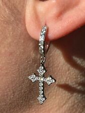 Iced Men's Ladies Real 925 Sterling Silver  Dangle Cross Studs Earrings Hip Hop picture