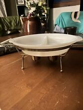 FIRE KING MILK GLASS DIVIDED CHAFING CASSEROLE OVAL DISH METAL RACK WITH HANDLES picture