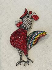 Exquisite Vintage Figural Crystal Rhinestone Rooster Pin Brooch Rainbow Tail picture