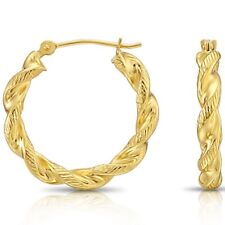 14K Real Solid Yellow Gold Twisted Rope Diamond-Cut Round Chunky Hoop Earrings picture