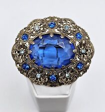 Vintage West Germany Signed Blue Glass Rhinestone Ornate Filigree Brooch Pin picture