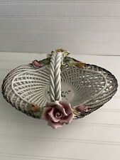 Capodimonte Vintage Large Woven Rose Flowers Porcelain Basket Classic Style 14” picture
