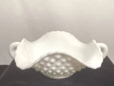 Vintage FENTON Hobnail Milk Glass Ruffled Edge Double Handle Candy Dish. picture