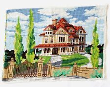 Antique Handmade Embroidery Pillowcase Petite Needlepoint House Trees Gate Sky picture